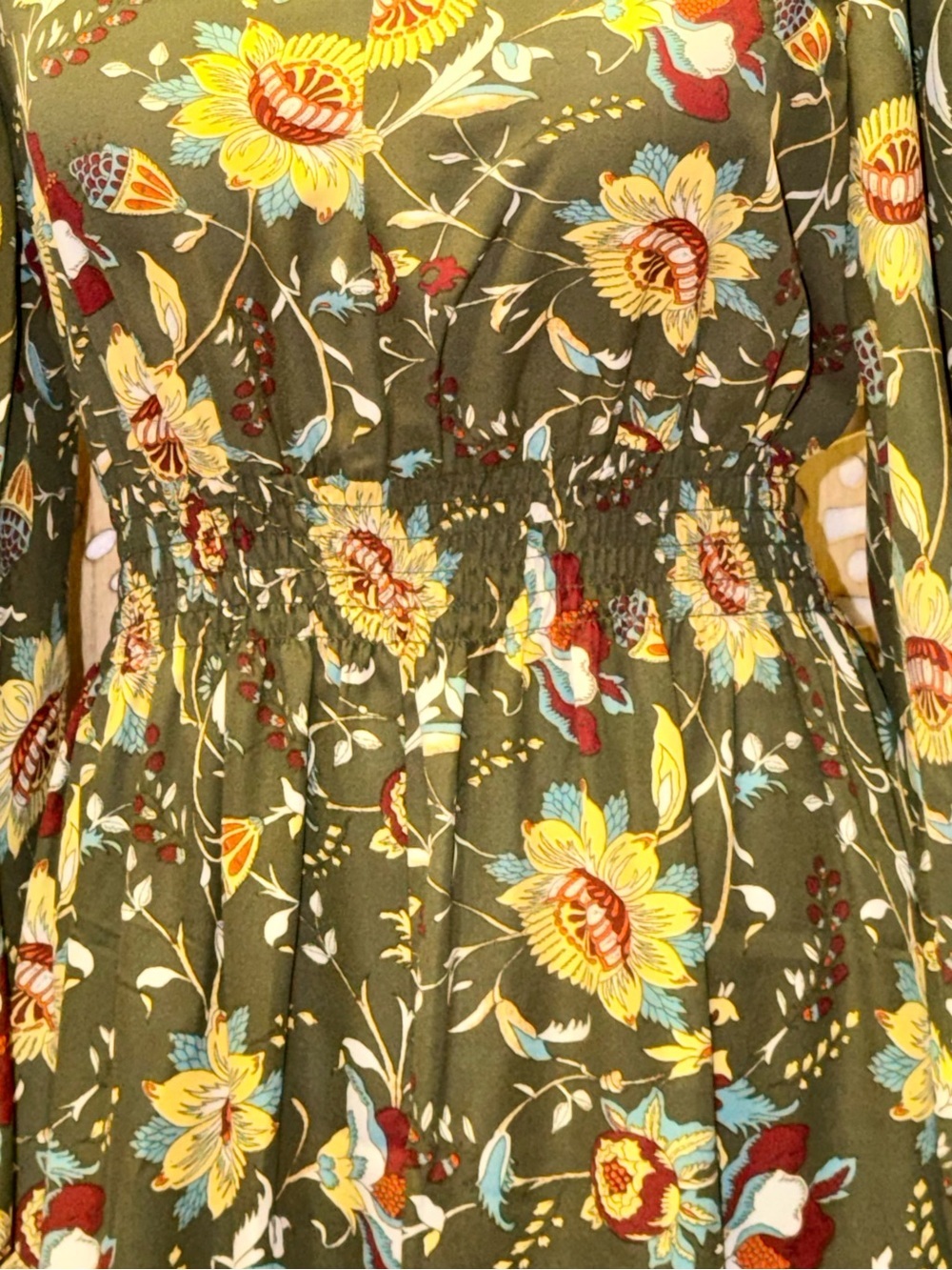 Belle Boho by Kim Gravel Smocked Waist Dress Olive Floral Fall Harvest - Picture 6 of 10